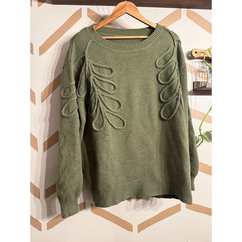 Cider Sweater Women 0XL Green Braided Leaf Applique Crewneck CD20241024569571KS
